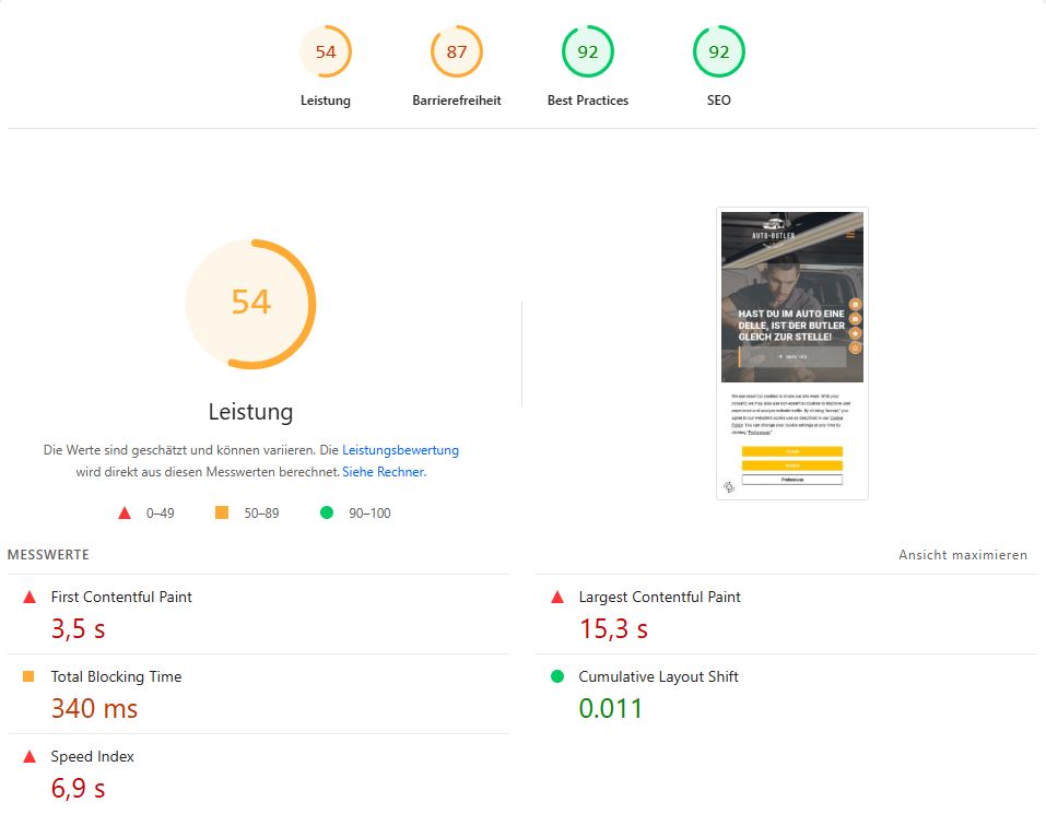 Pagespeed, Barrierefreiheit, Sauberkeit und SEO vorher